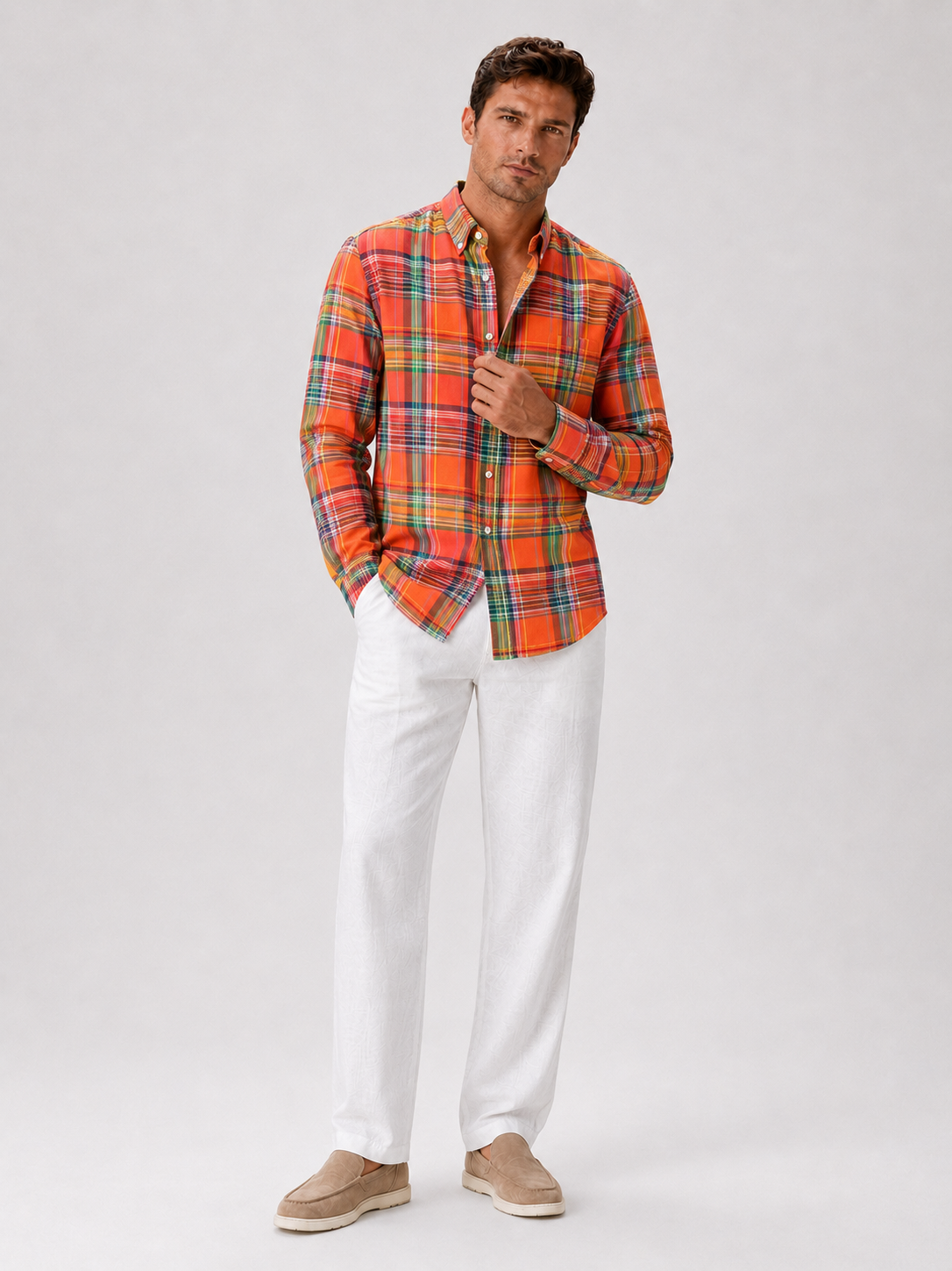 Orange madras cotton shirt for men slim fit button up for spring everyday wear