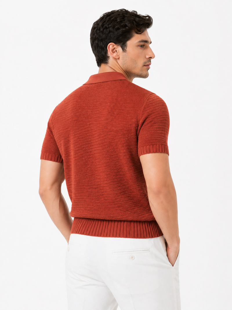 Orange knit polo shirt for men lightweight breathable tailored fit casual summer vacation outfit