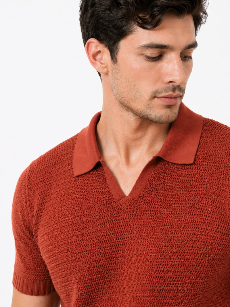 Men’s orange knitted polo lightweight tailored summer shirt for refined coastal casual wear