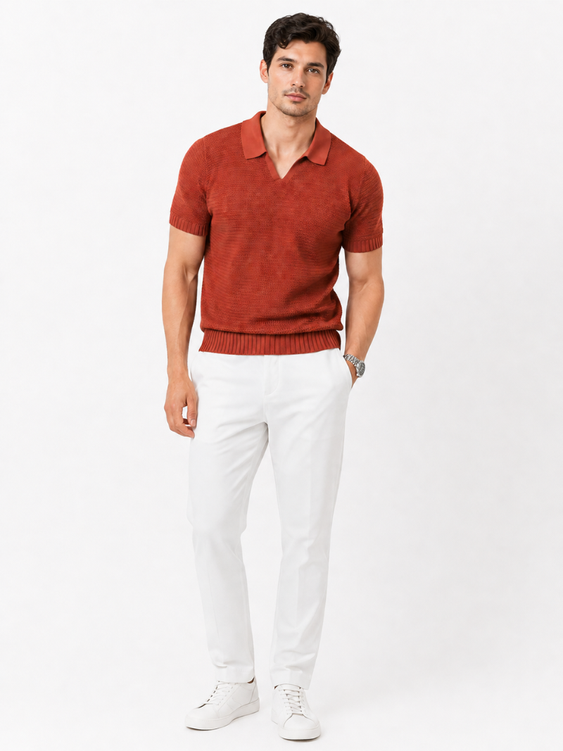 Orange lightweight knit polo shirt soft breathable tailored top for summer vacation and quiet luxury style
