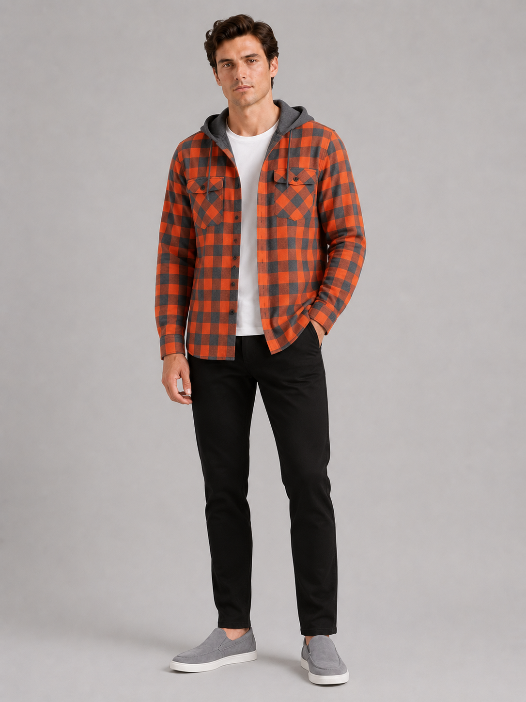Orange plaid hooded flannel shirt jacket for men warm fall layer for outdoor wear