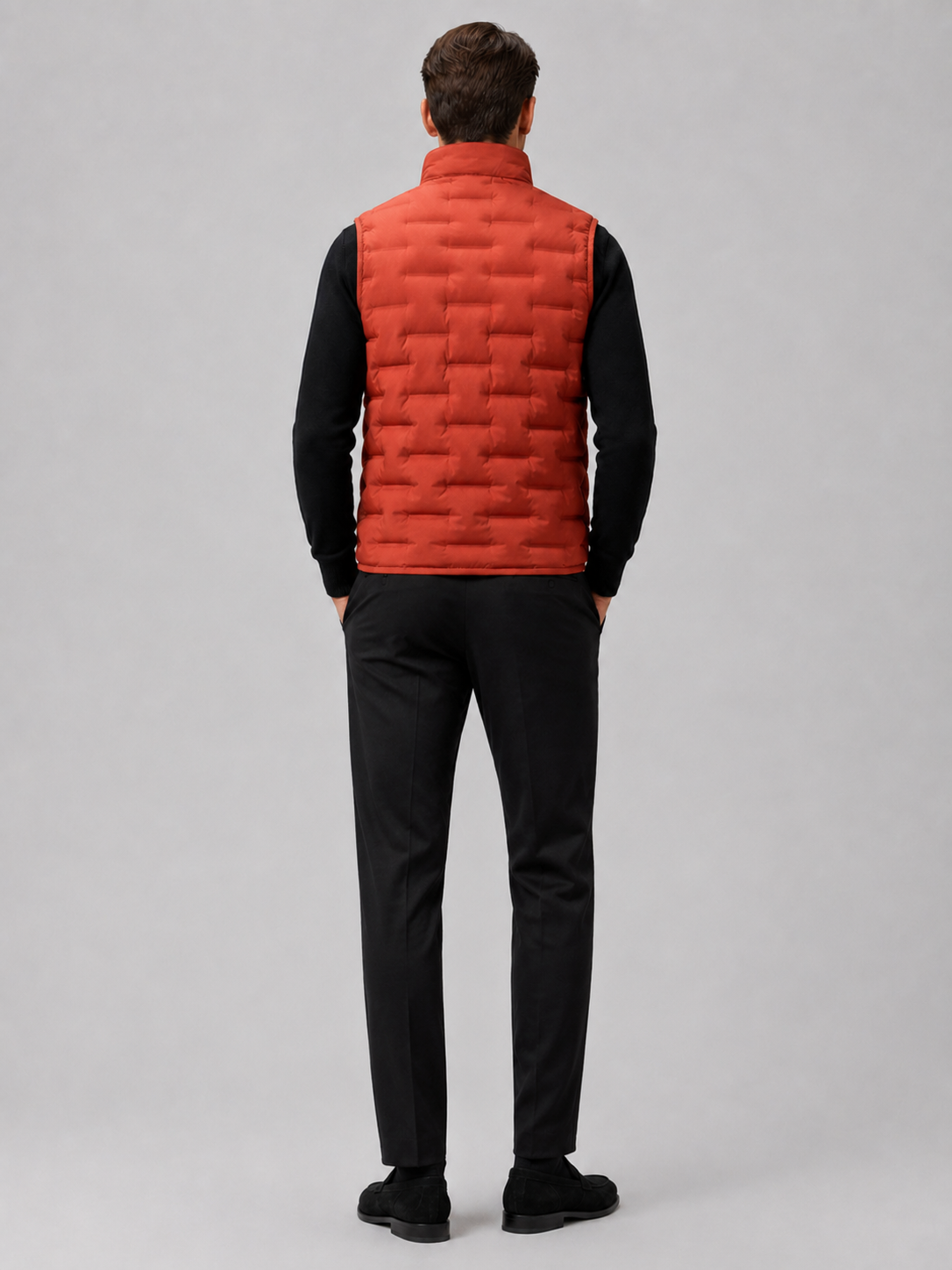 Men’s orange insulated down vest comfortable sleeveless outerwear for fall winter casual outfits