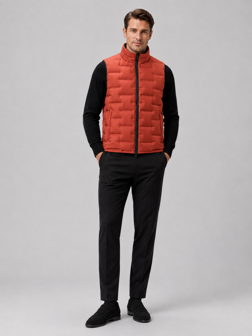 Orange white duck down vest for men lightweight windproof waterproof puffer vest for everyday wear