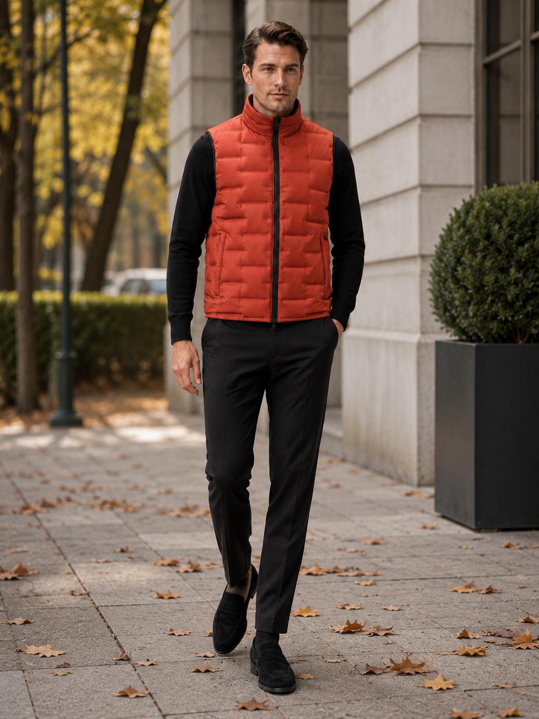Man styling orange white duck down vest in a vibrant outdoor and everyday winter lifestyle outfit