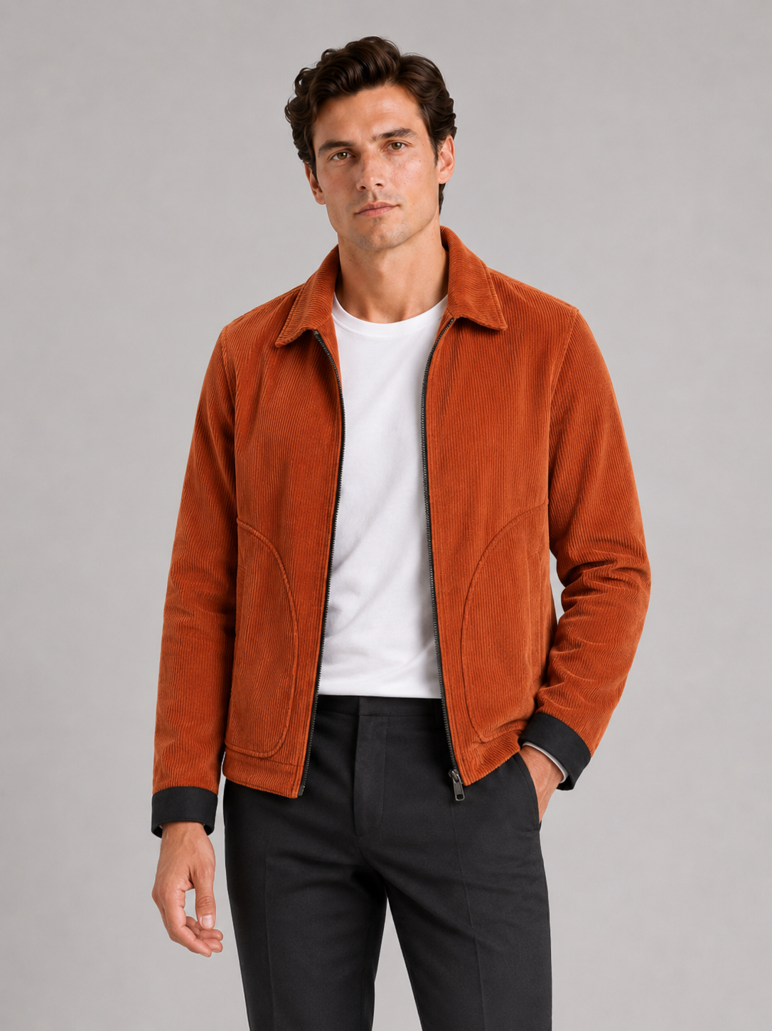 Men wearing orange corduroy fall jacket thick warm casual outdoor everyday style