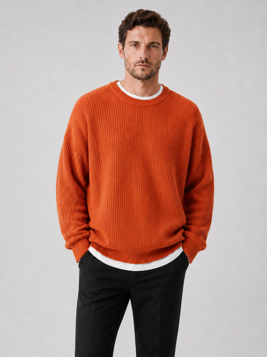 Men wearing orange crewneck sweater loose fit solid color fall business casual style