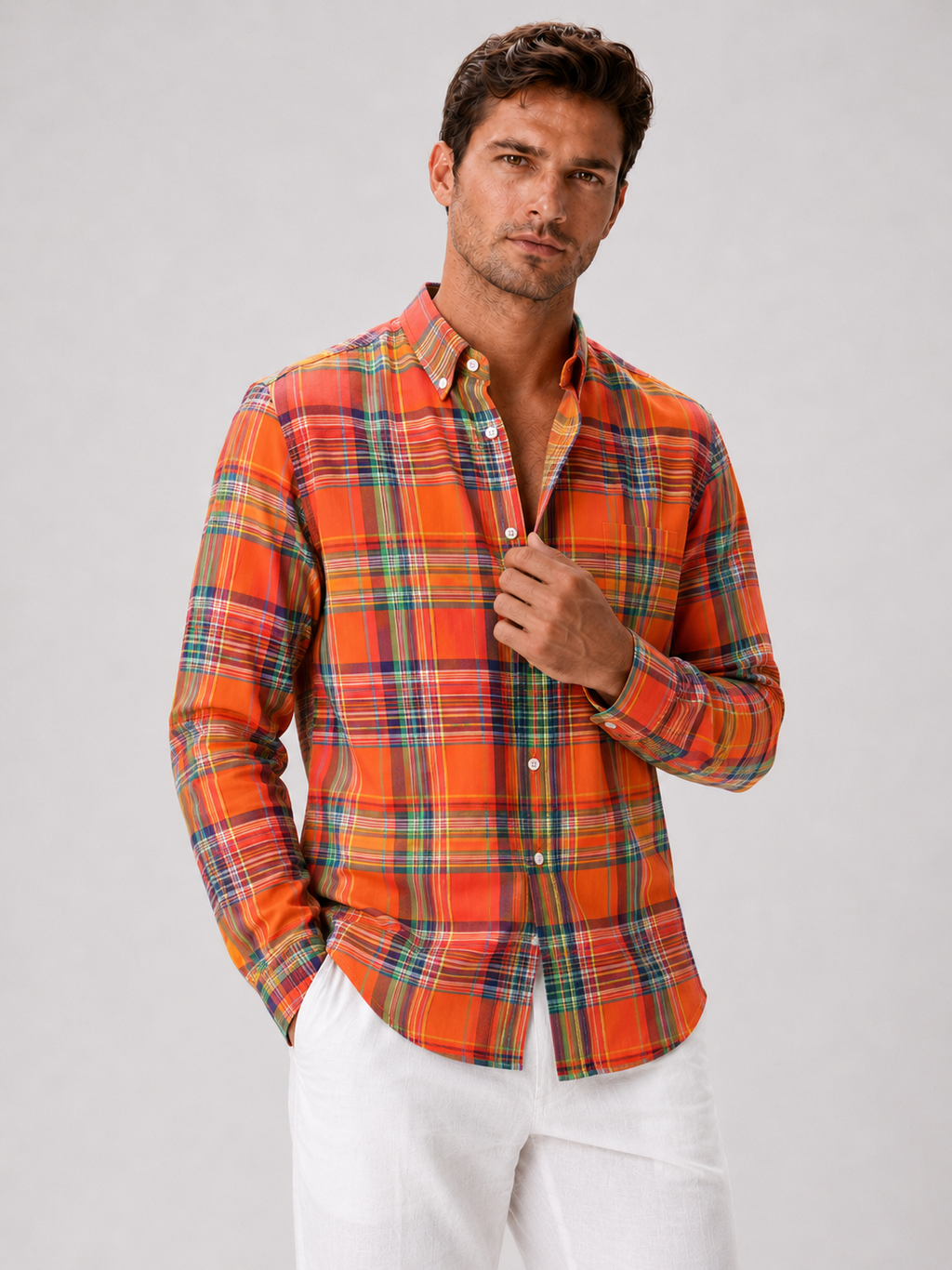 Men wearing orange madras shirt 100 percent cotton long sleeve slim fit spring casual style