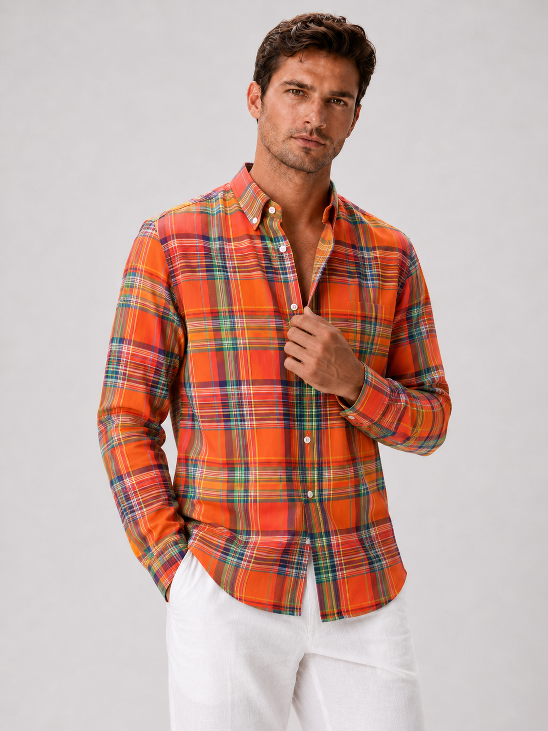 Men wearing orange madras shirt 100 percent cotton long sleeve slim fit spring casual style