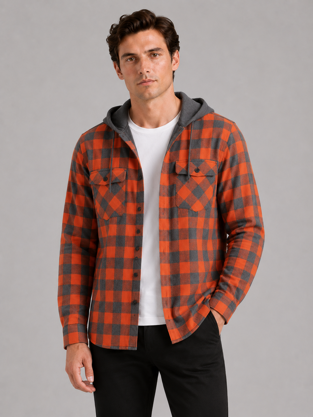 Men wearing orange plaid hooded flannel jacket long sleeve button down fall casual style