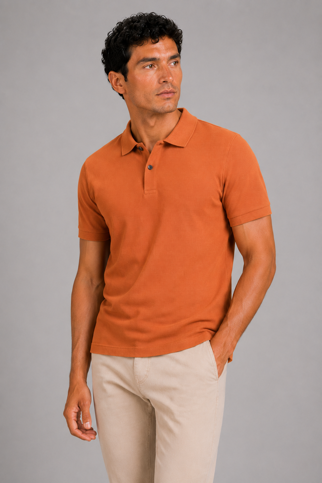 Men wearing orange silk touch polo shirt breathable short sleeve summer business casual style