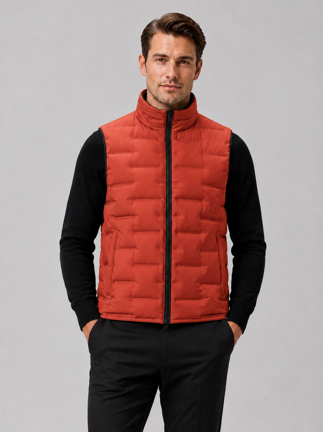 Men wearing orange white duck down vest stand collar windproof waterproof lightweight winter casual style
