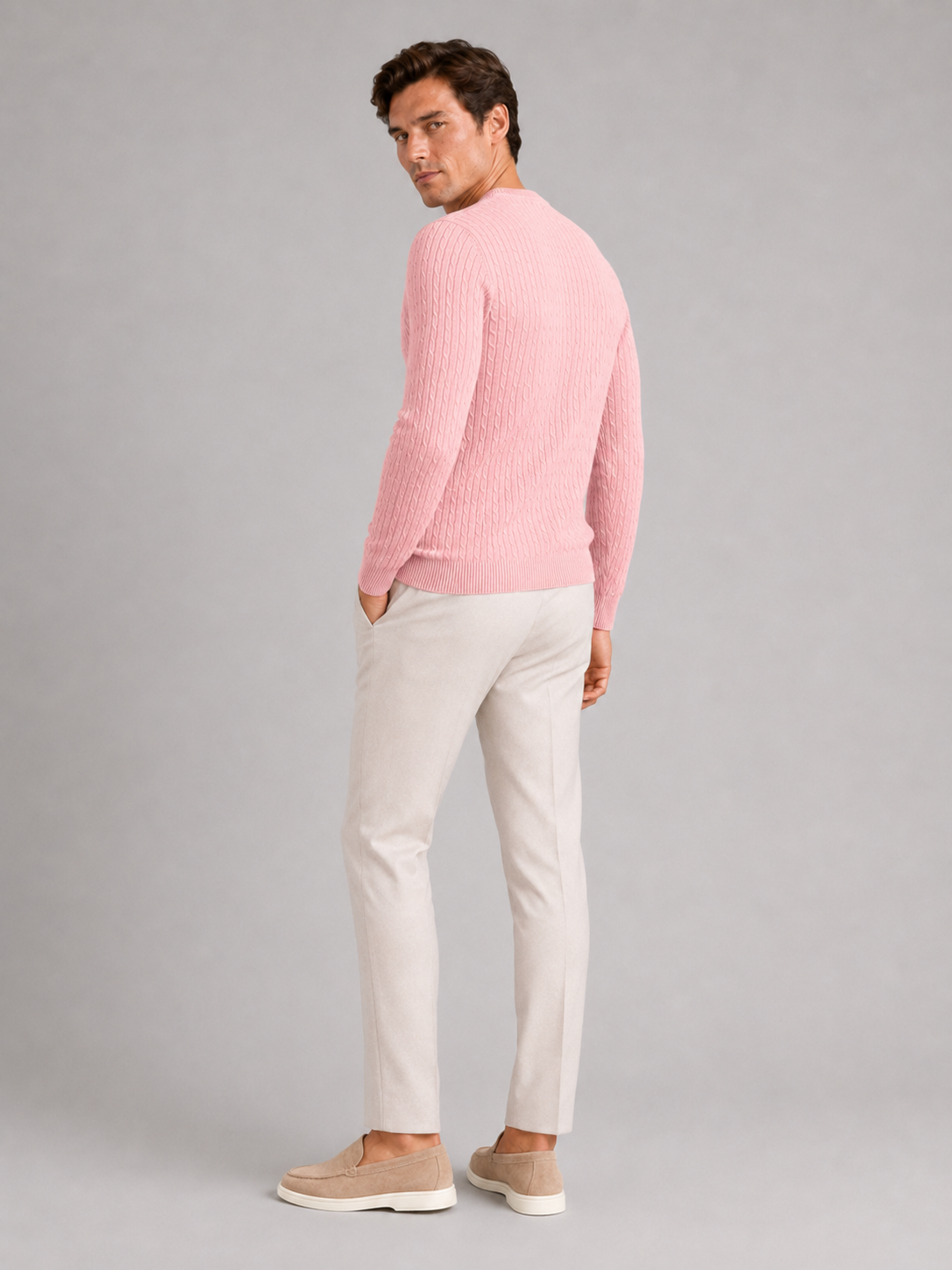 Men’s pink cable knit pullover soft lightweight sweater for casual everyday outfits