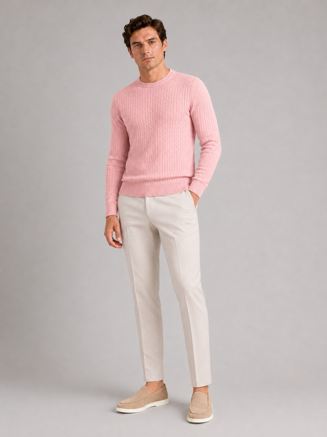 Pink crew neck cable knit sweater for men lightweight pullover for everyday spring wear