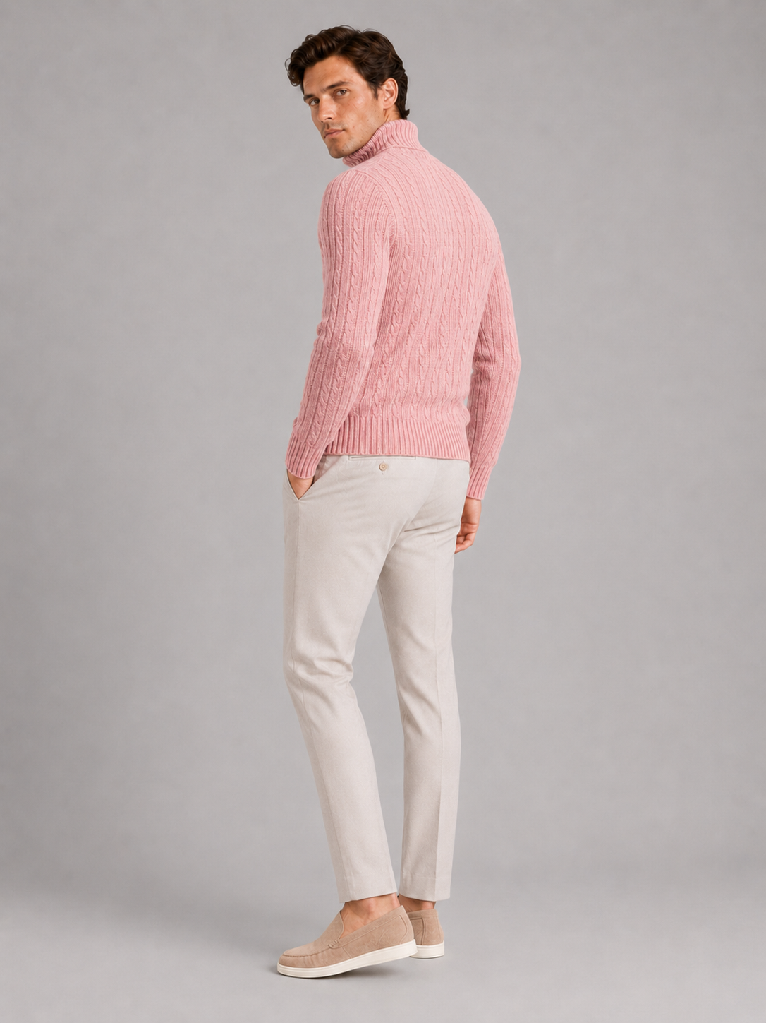 Men’s pink heavyweight knit turtleneck warm sweater for casual cold weather outfits