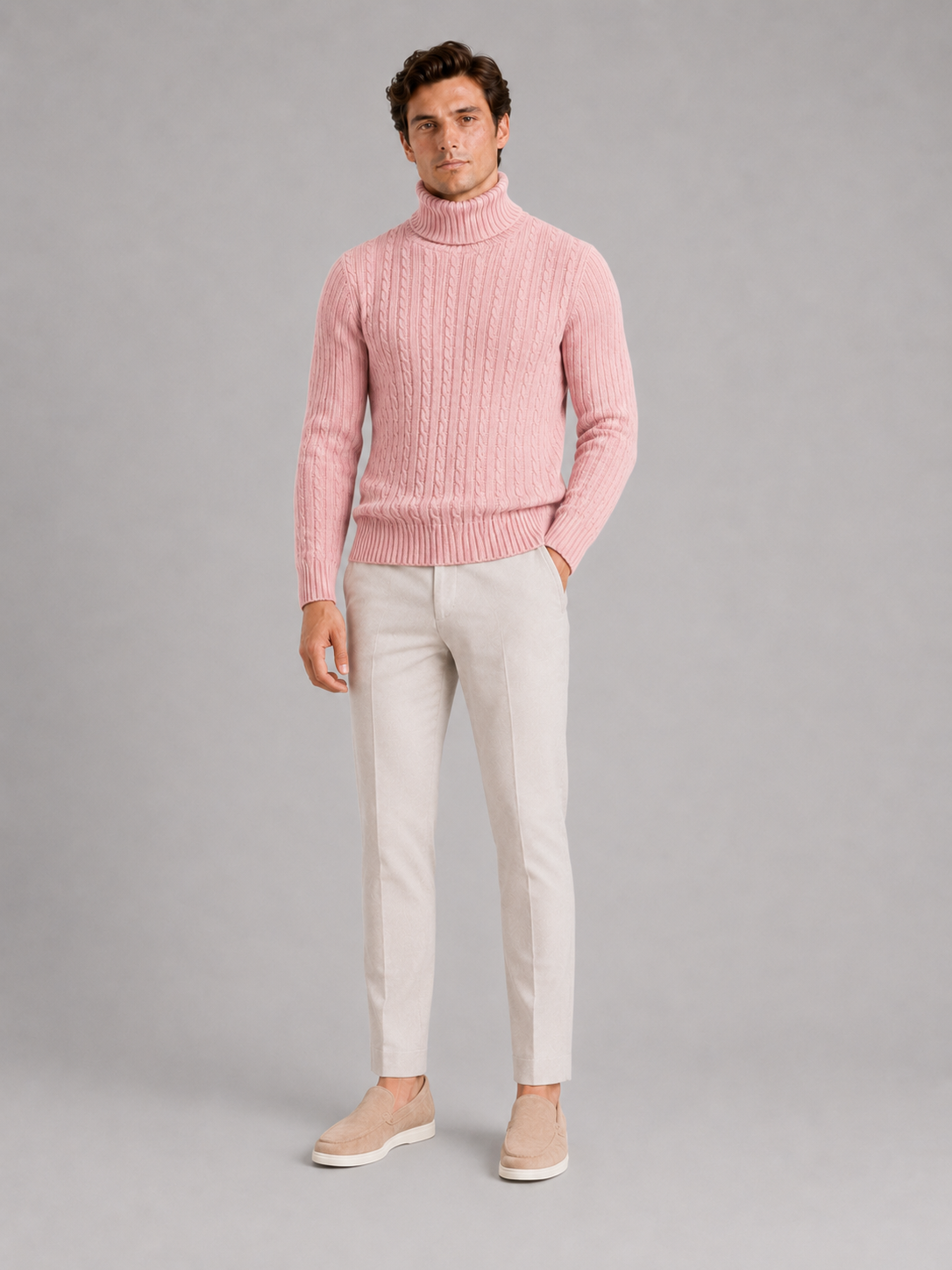 Pink cable knit turtleneck sweater for men slim fit heavyweight pullover for winter wear