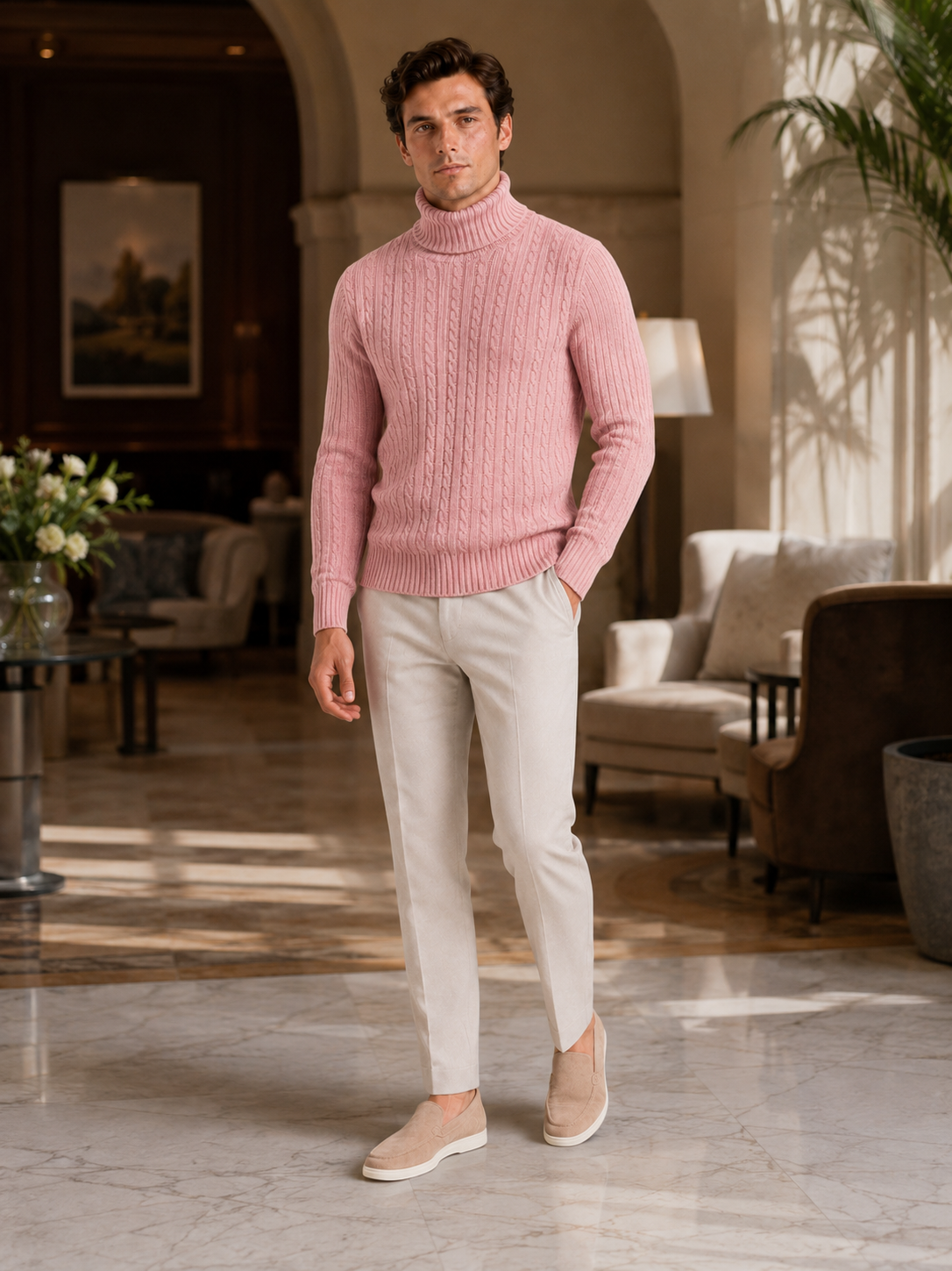 Man styling pink cable knit turtleneck sweater in a fresh winter lifestyle outfit