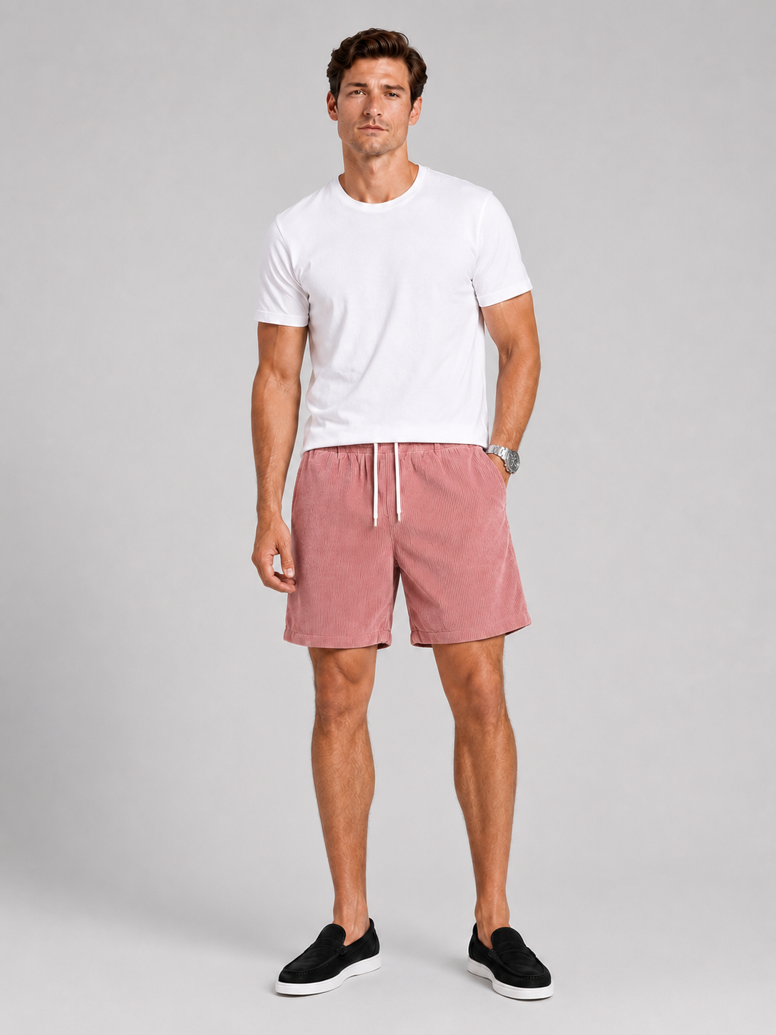 Pink corduroy shorts for men loose fit summer bottoms for beach and outdoor wear