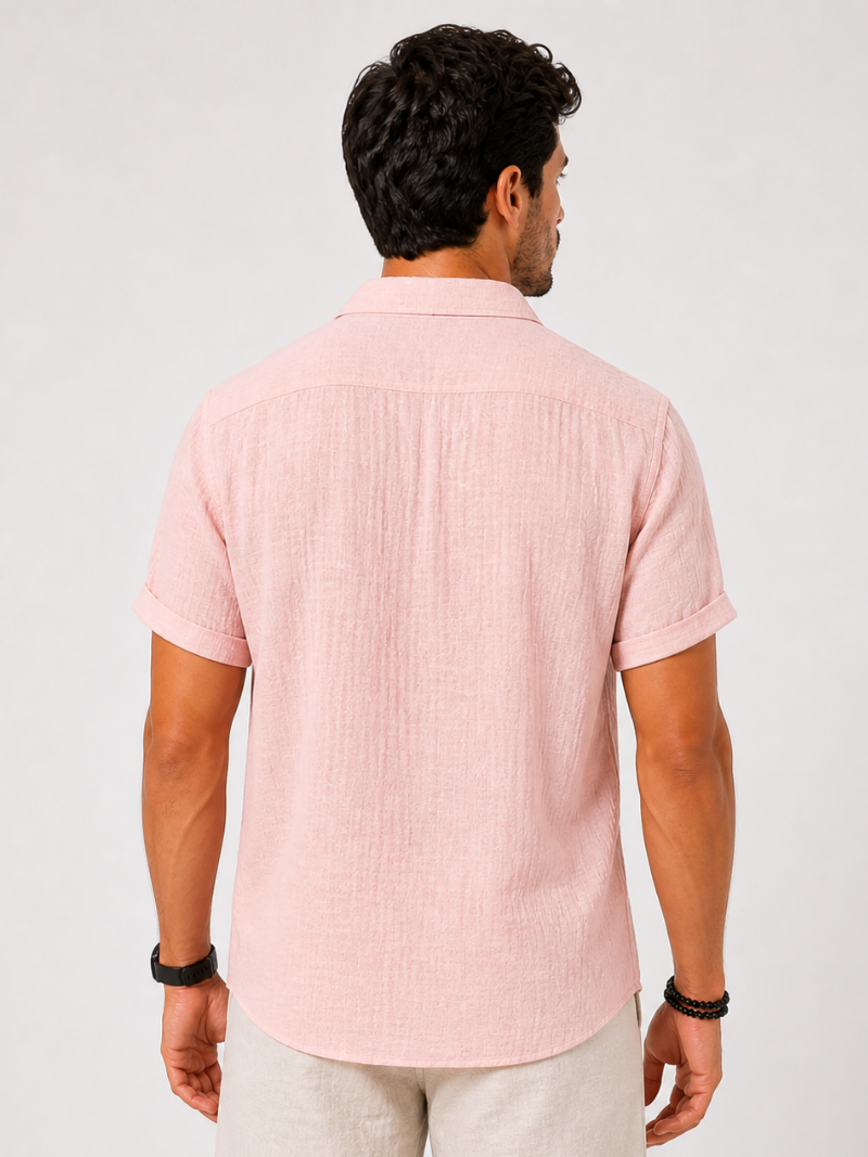 Pink cotton linen shirt short sleeve soft breathable fabric relaxed summer vacation outfit