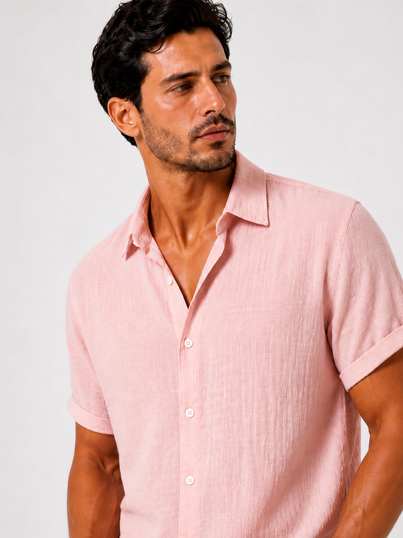 Men’s pink cotton linen short sleeve shirt lightweight comfortable beach and summer wear