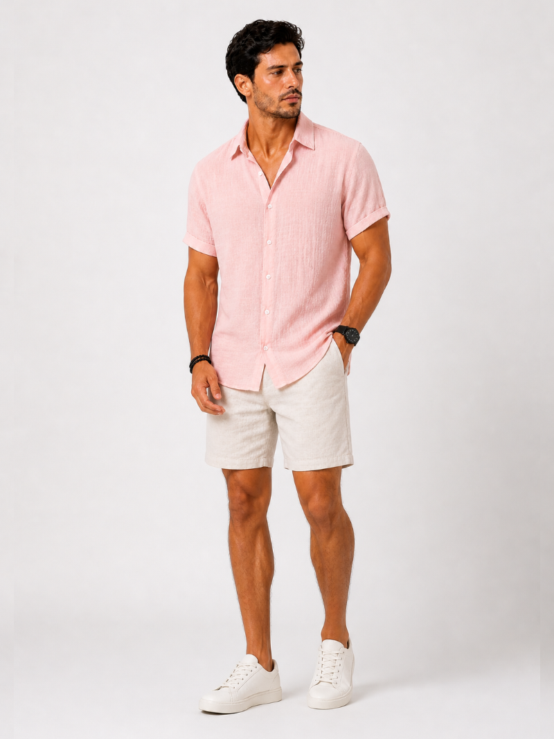 Pink cotton linen shirt short sleeve minimal breathable fabric refined quiet luxury summer look