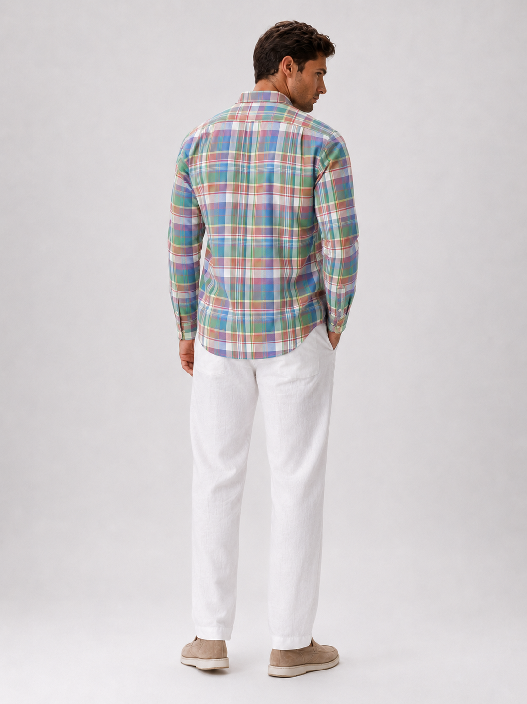 Men’s pink plaid striped madras shirt long sleeve casual cotton top for relaxed outfits