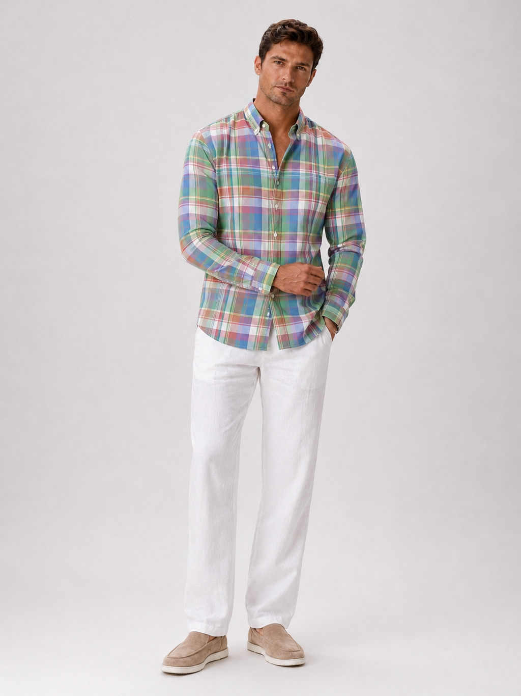 Pink madras cotton shirt for men slim fit button up for spring everyday wear