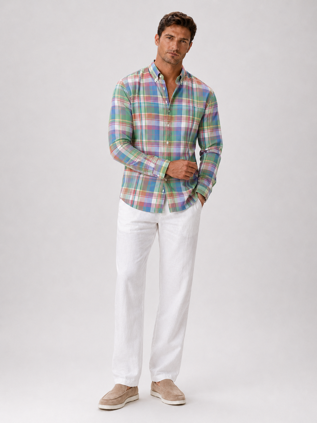 Pink madras cotton shirt for men slim fit button up for spring everyday wear