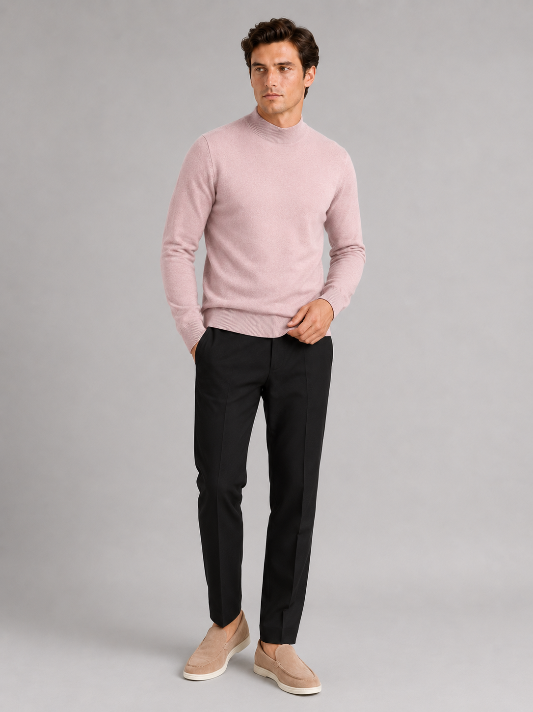 Pink mock neck sweater for men slim fit warm pullover for everyday winter wear