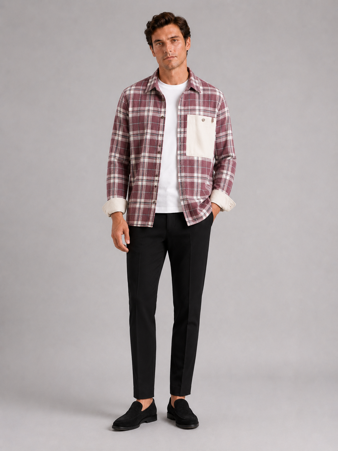 Pink plaid flannel shirt jacket for men loose fit layer for spring and fall outdoor wear