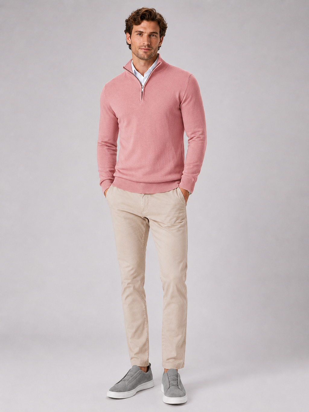 Pink quarter zip sweater for men lightweight pullover for outdoor and everyday wear
