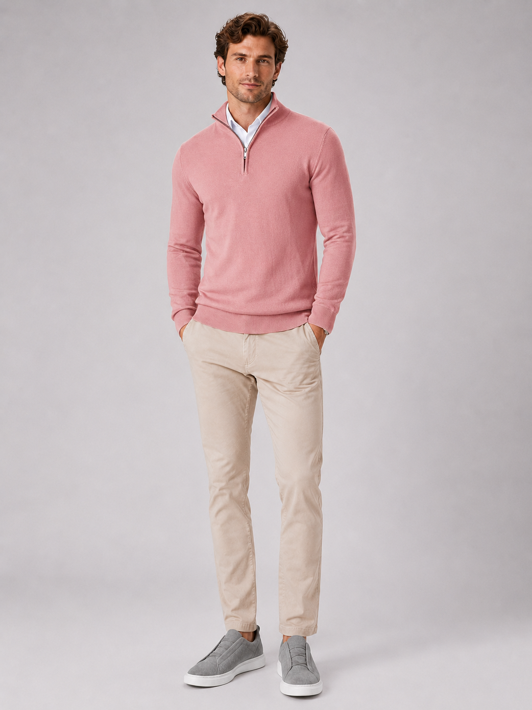 Pink quarter zip sweater for men lightweight pullover for outdoor and everyday wear