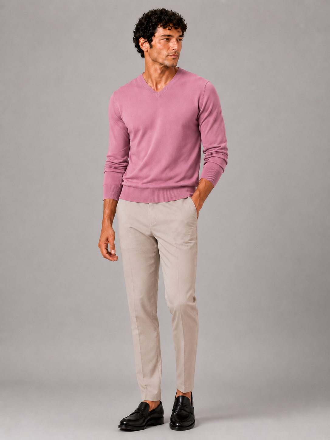 Pink v neck sweater for men slim fit long sleeve pullover for everyday fall wear
