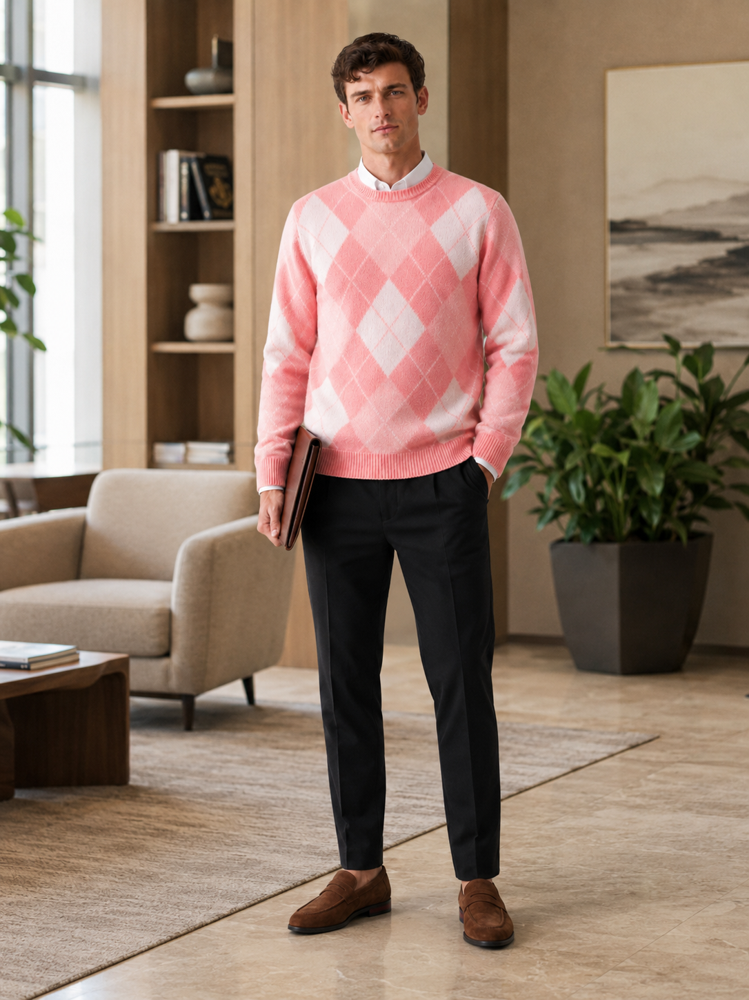 Man wearing a pink wool argyle crew neck sweater in a stylish business casual fall winter outfit