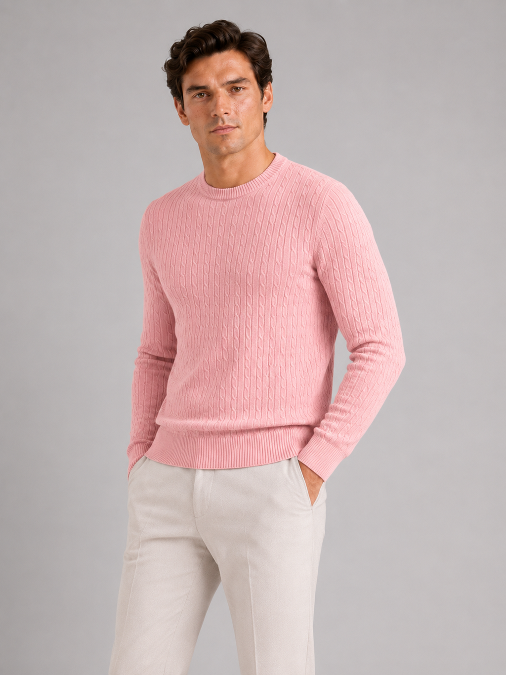 Men wearing pink cable knit crew neck sweater long sleeve lightweight spring casual style