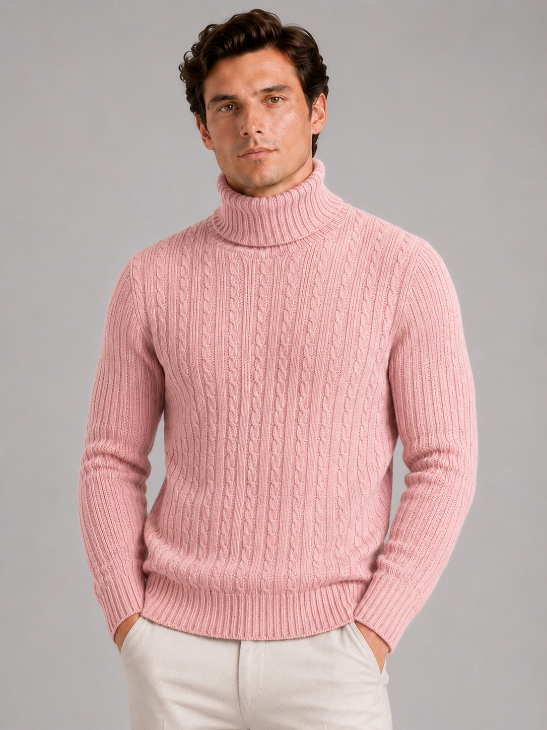 Men wearing pink cable knit turtleneck sweater slim fit heavyweight winter casual style