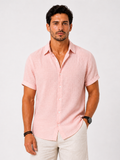 Men wearing pink cotton linen short sleeve shirt lightweight breathable summer coastal casual style