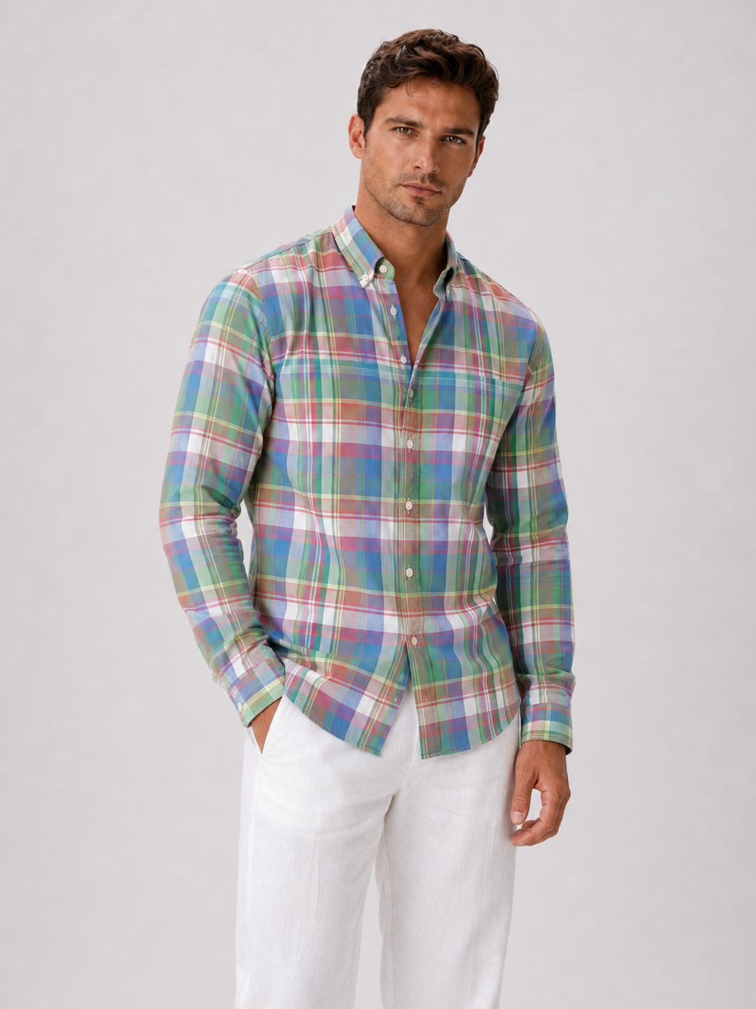 Men wearing pink madras shirt 100 percent cotton long sleeve slim fit spring casual style