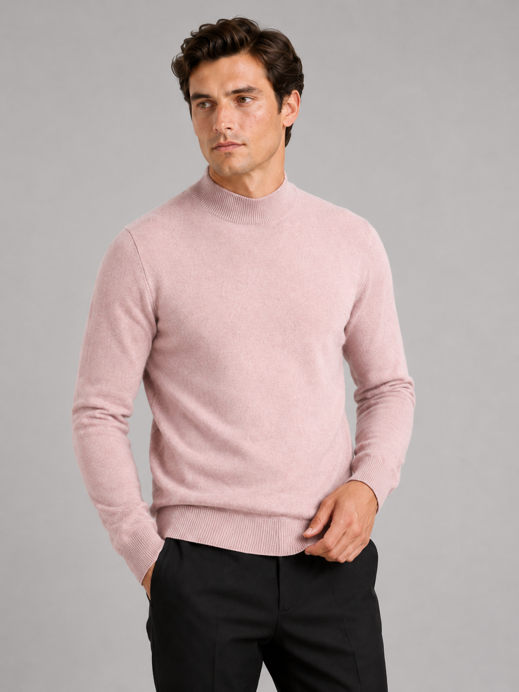 Men wearing pink mock neck sweater slim fit knit pullover warm winter casual style