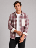 Men wearing pink plaid flannel shirt jacket long sleeve loose fit fall casual style