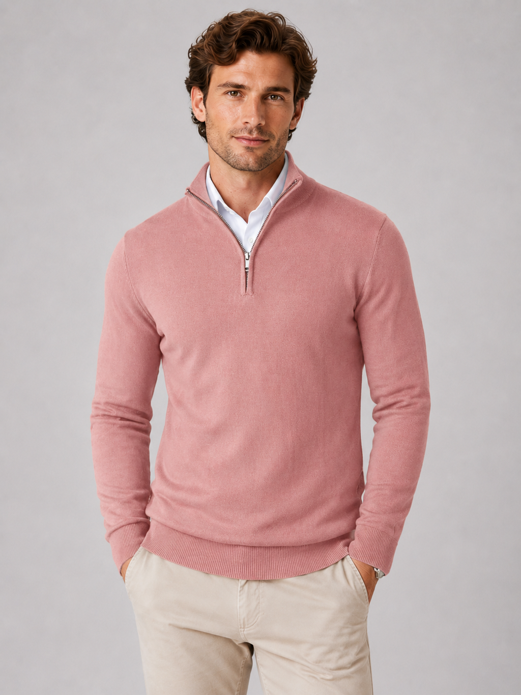 Men wearing pink quarter zip sweater slim fit lightweight mock neck spring fall casual style