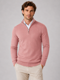 Men wearing pink quarter zip sweater slim fit lightweight mock neck spring fall casual style