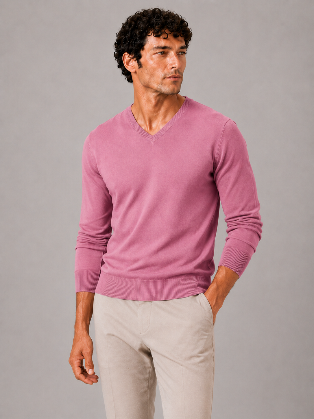 Men wearing pink v neck knit sweater slim fit long sleeve lightweight fall casual style