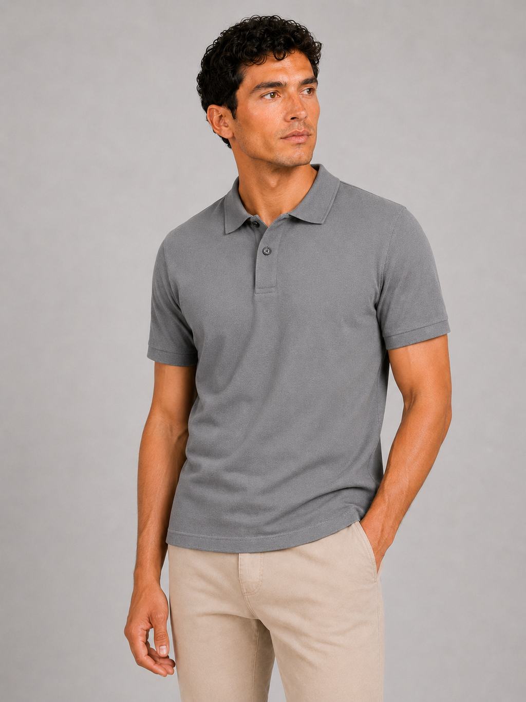 Men wearing gray silk touch polo shirt breathable short sleeve summer business casual style