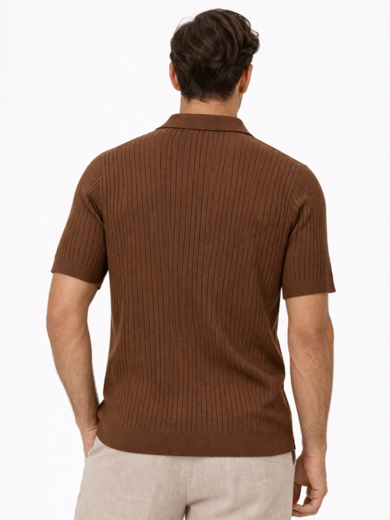Men’s brown knitted polo shirt slim fit open collar soft comfortable casual wear