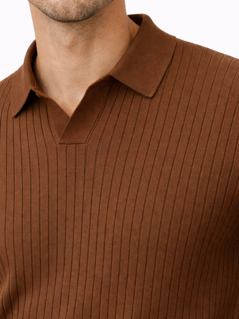 Brown knitted polo open collar slim fit minimal soft fabric modern classic look