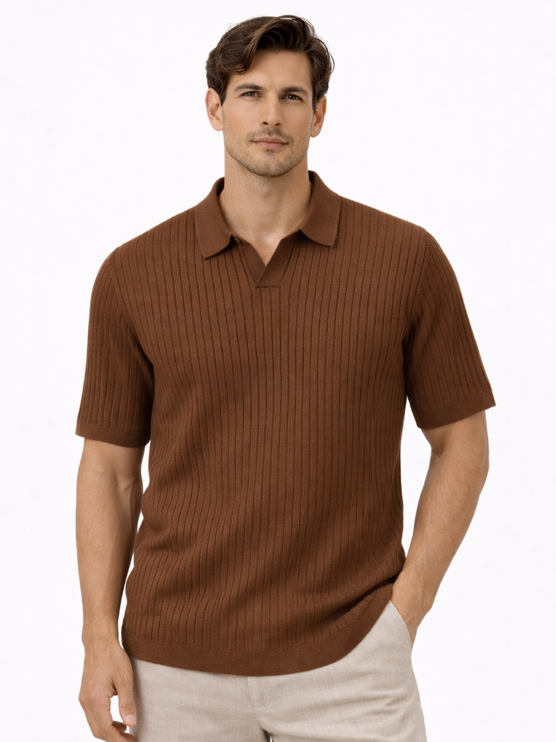 Men wearing brown knitted polo open collar slim fit soft breathable refined casual style
