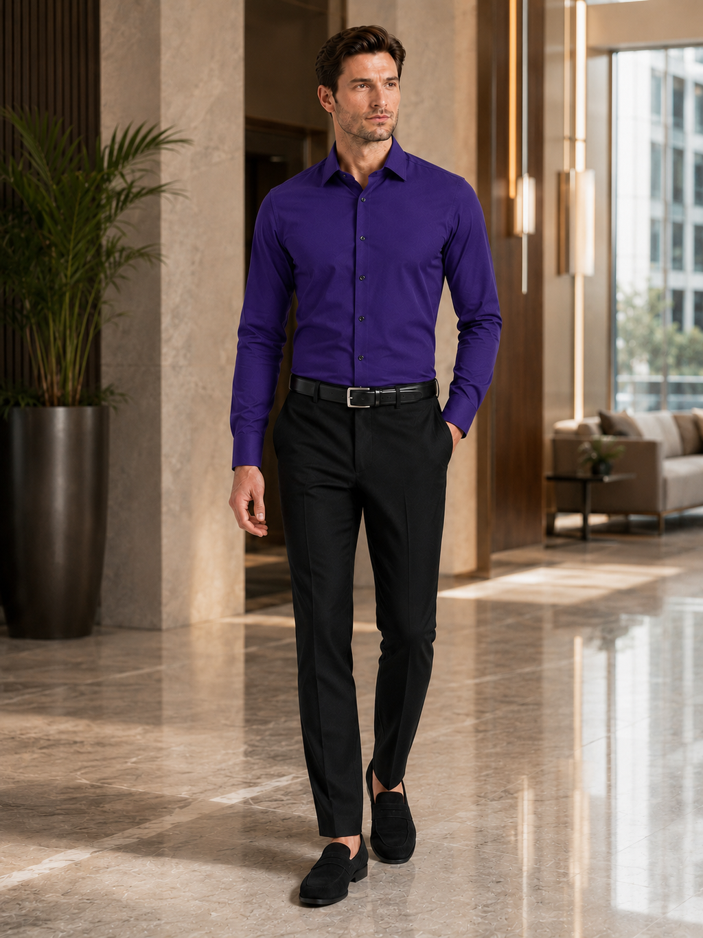 Man styling purple button down dress shirt in an elegant business casual office outfit