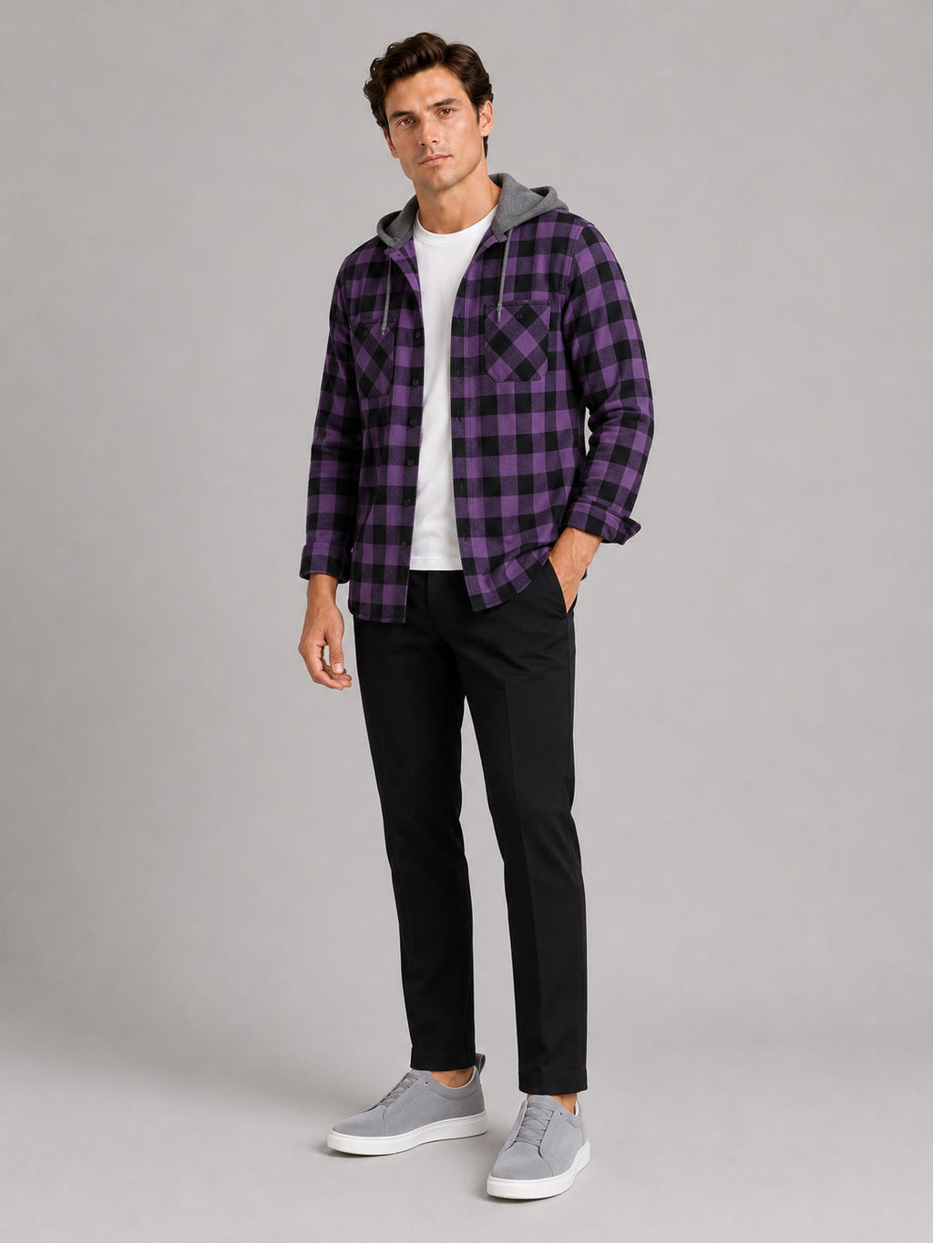 Purple plaid hooded flannel shirt jacket for men warm fall layer for outdoor wear