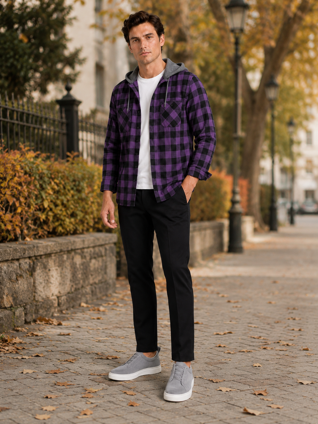 Man styling purple plaid hooded flannel jacket in a relaxed fall streetwear lifestyle outfit