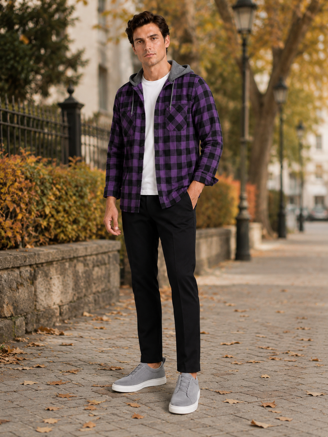Man styling purple plaid hooded flannel jacket in a relaxed fall streetwear lifestyle outfit
